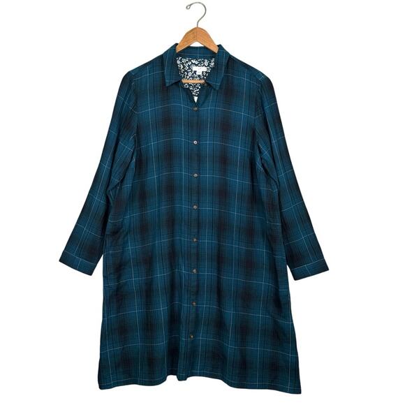 NWT J.Jill Plaid Button Front Shirt Dress Tunic Green Navy Check | Medium - Picture 2 of 8